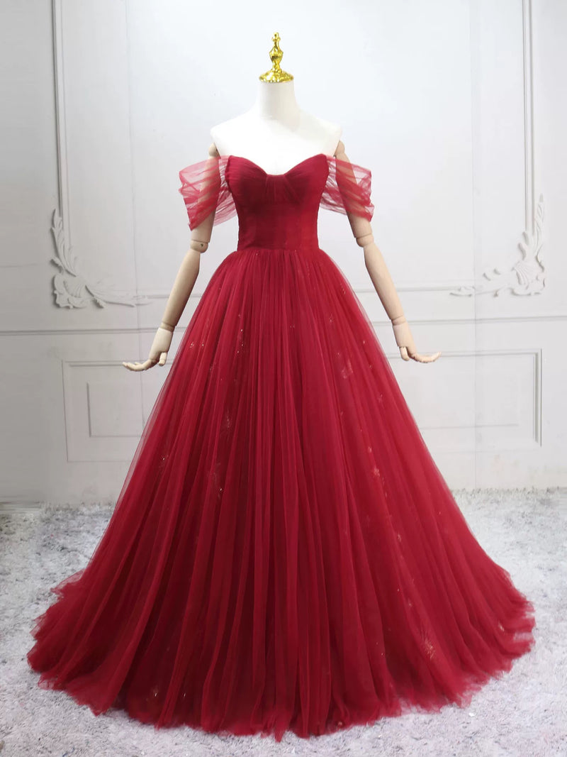 A-Line Sweetheart Neck Tulle Burgundy Long Prom Dress, Burgundy Long Evening Dress