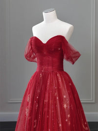 A-Line Off Shoulder Tulle Lace Burgundy Long Prom Dress