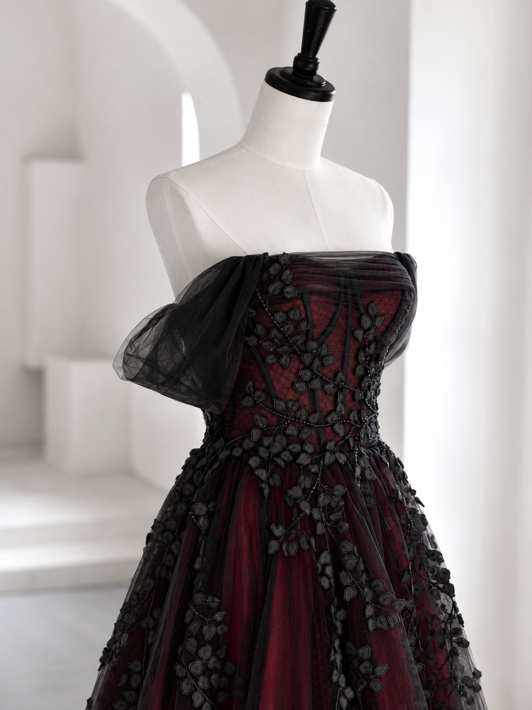 A-line Off Shoulder Tulle Lace Applique Black/Burugndy Long Prom Dress