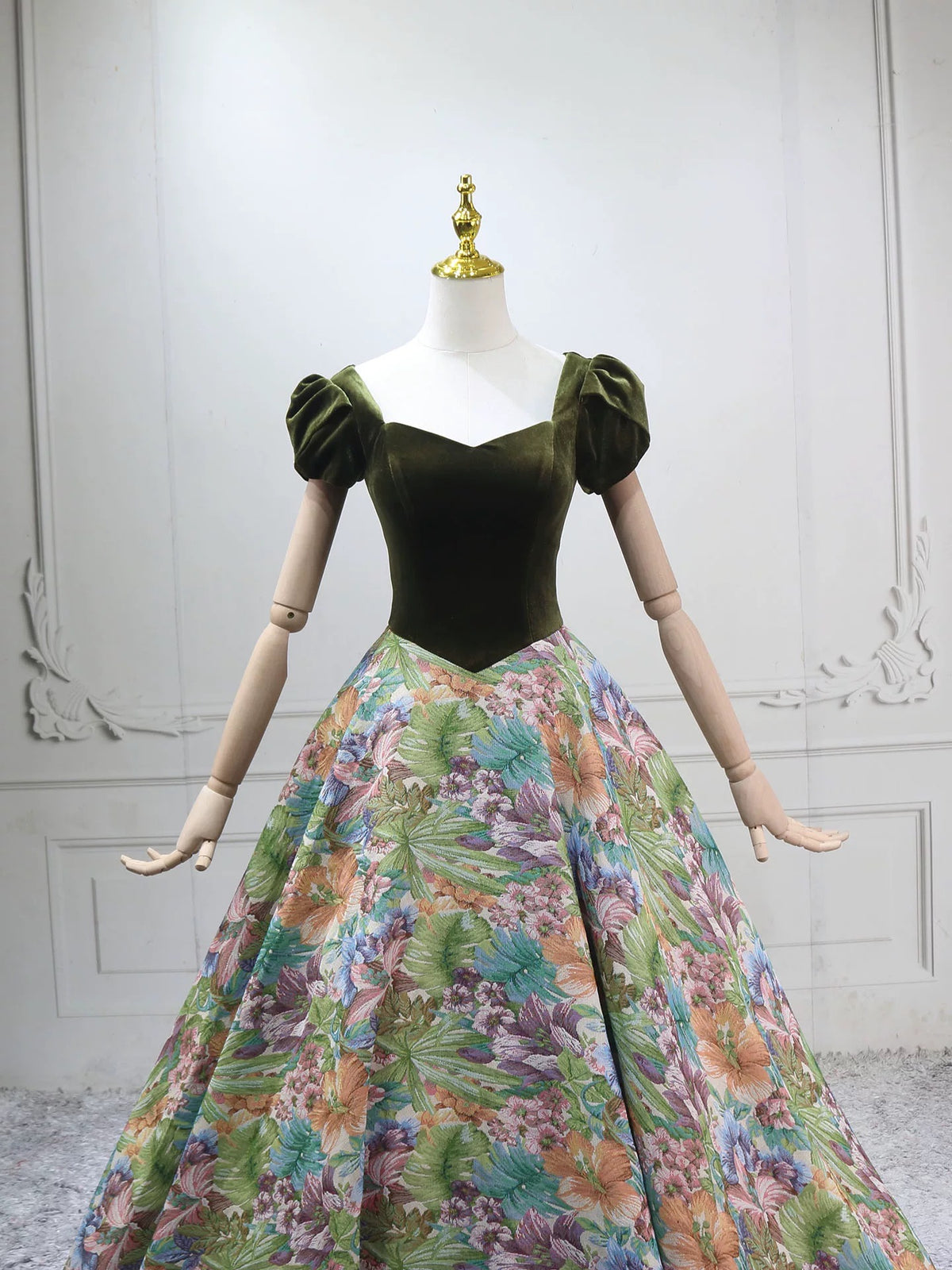 A-Line Short Sleeves Green Long Prom Dress, Printed Satin Green Long Evening Dress
