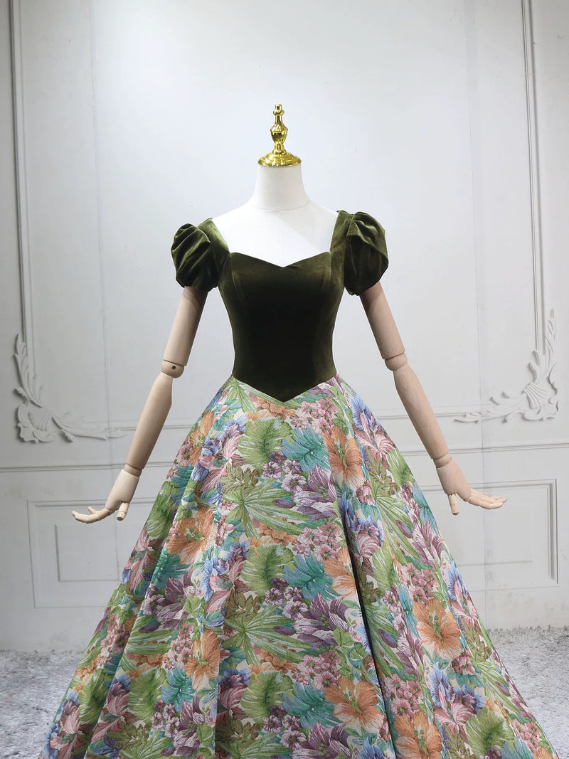 A-Line Short Sleeves Green Long Prom Dress, Printed Satin Green Long Evening Dress