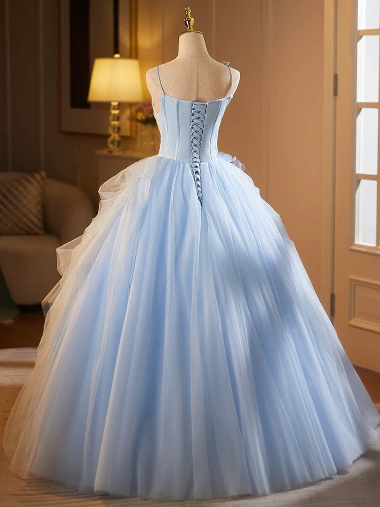 A-Line Tulle Lace Blue Long Prom Dress, Blue Long Sweet 16 Dress