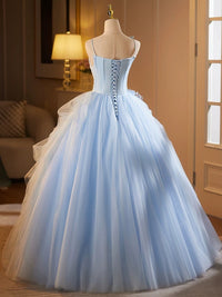 A-Line Tulle Lace Blue Long Prom Dress, Blue Long Sweet 16 Dress