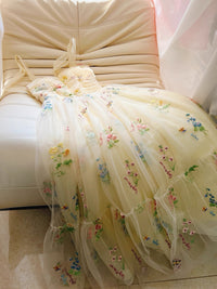 A-Line  Sweetheart Neck Tulle Lace Yellow Long Prom Dress, Yellow Formal Dress