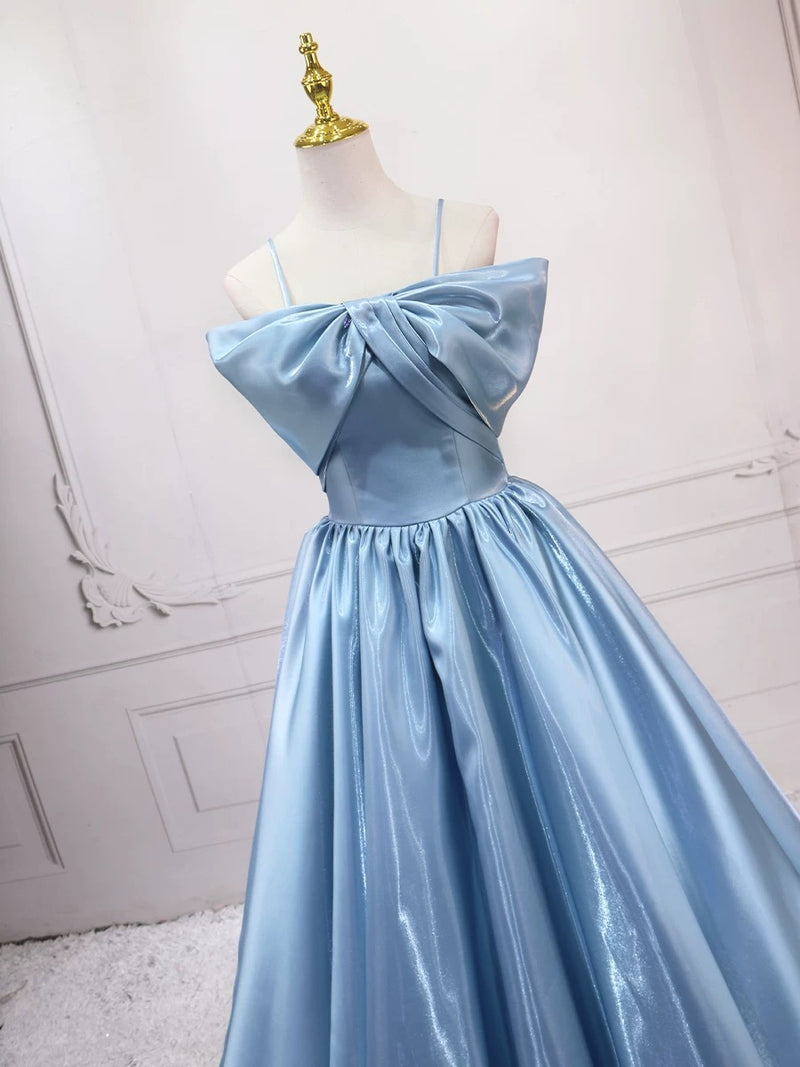 A-Line Satin Blue Long Prom Dress, Blue Long Evening Dress