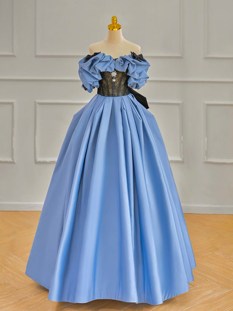 A-Line Off Shoulder Satin Blue Long Prom Dress, Blue Long Formal Dress