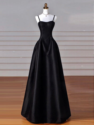 Black Long A-line Bateau Satin Prom Dress with Sleeves