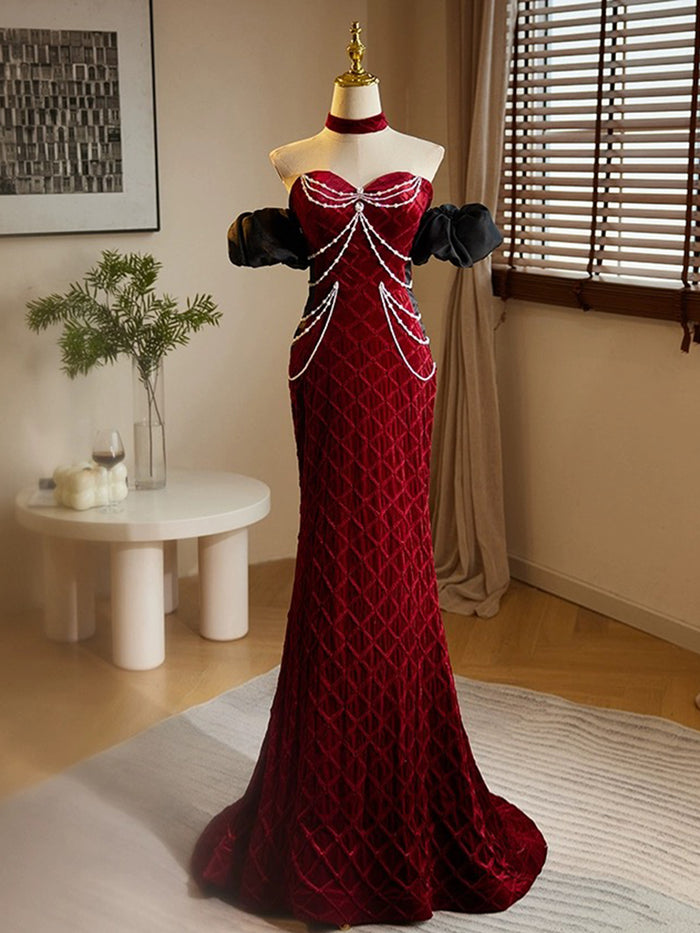 Mermaid Sweetheart Neck Velvet Burgundy Long Prom Dress with Beads