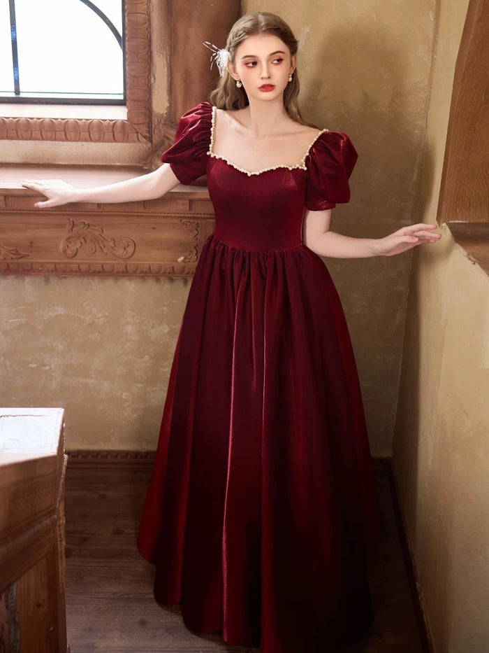 A-Line Puff Sleeves Satin Burgundy Long Prom Dress, Burgundy Long Formal Dress
