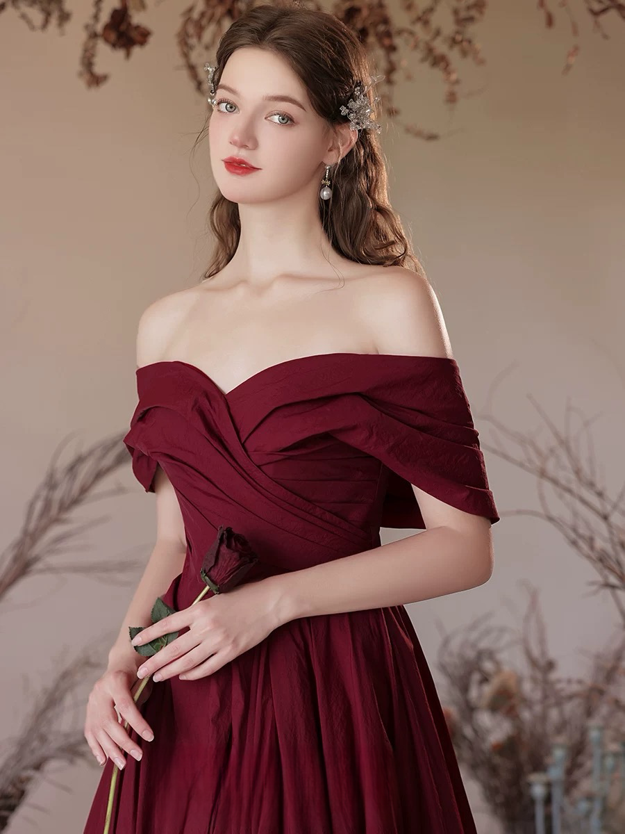 A-Line Off Shoulder Satin Burgundy Long Prom Dress, Burgundy Long Form toptby A-Line Off Shoulder Satin Burgundy Long Prom Dress, Burgundy Long Form toptby