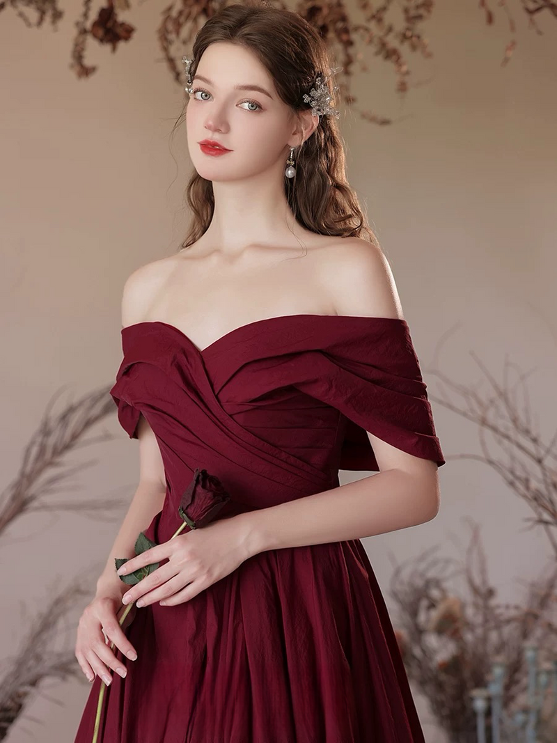 A-Line Off Shoulder Satin Burgundy Long Prom Dress, Burgundy Long Formal Dress