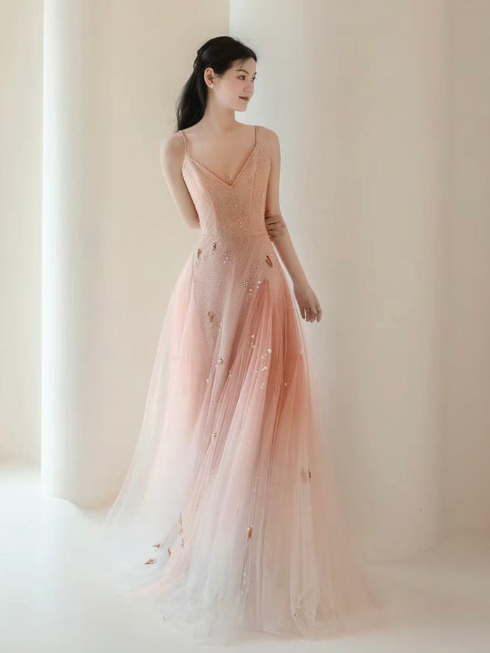 A-Line V Neck Tulle Pink Long Prom Dress, Pink Tulle Long Evening Dress