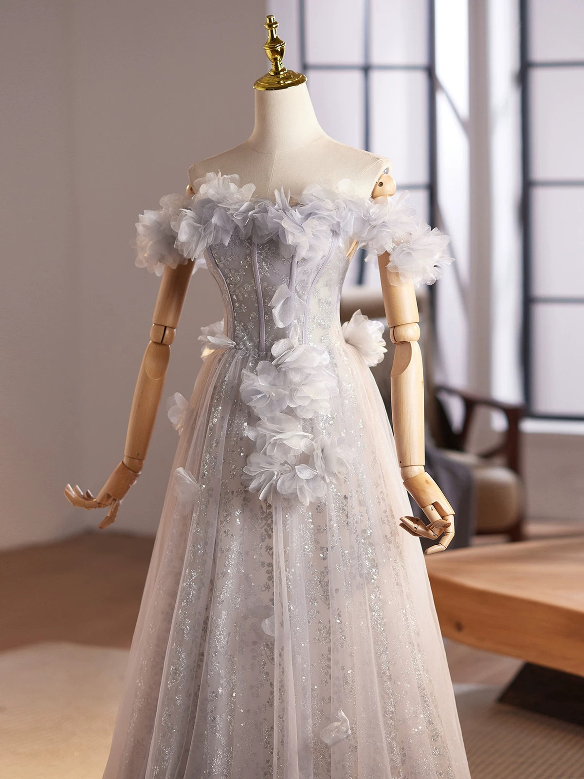 A-Line Off Shoulder Flower Tulle Gray Long Prom Dress, Gray Formal Dress