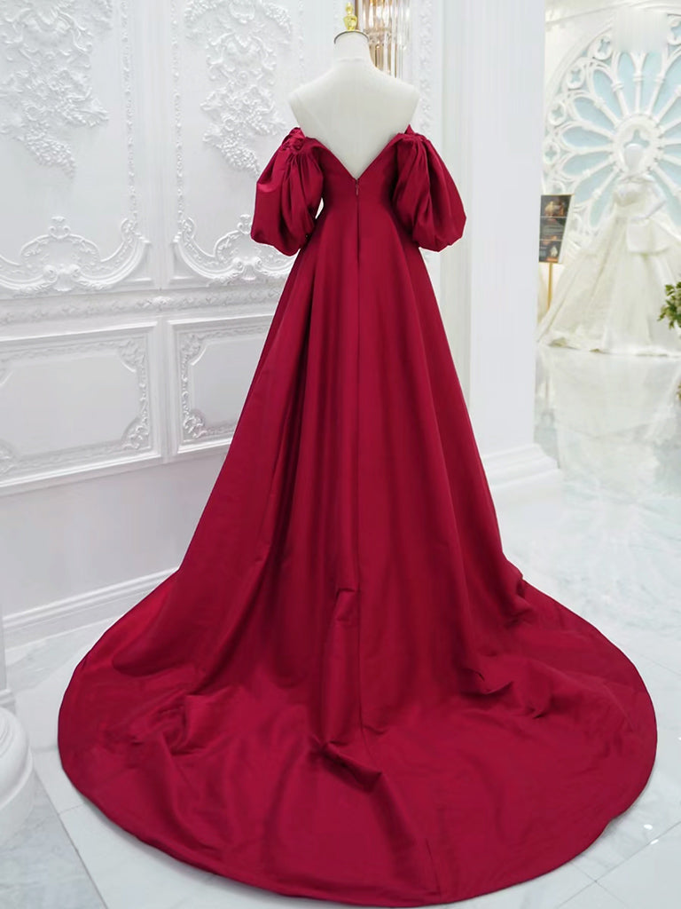 A-Line Puff Sleeves Satin Dark Red Long Prom Dress, Dark Red Long Evening Dress