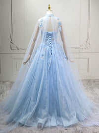 A-Line Tulle Lace Blue Long Prom Dress, Blue Long Formal Dress