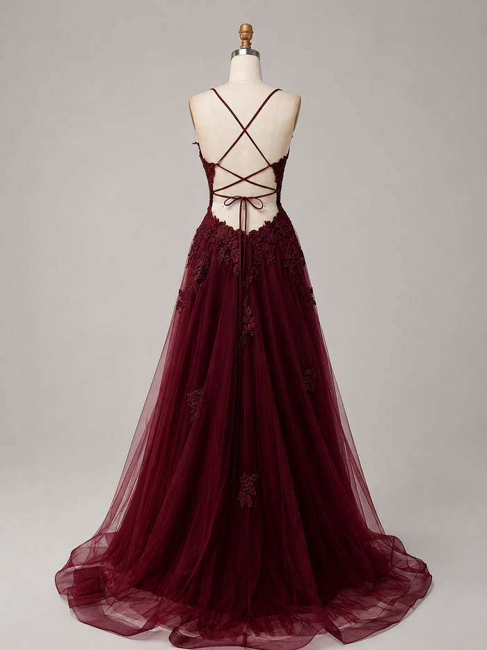 A-line V Neck Tulle Lace Burgundy Long Prom Dress, Burgundy Formal Dress
