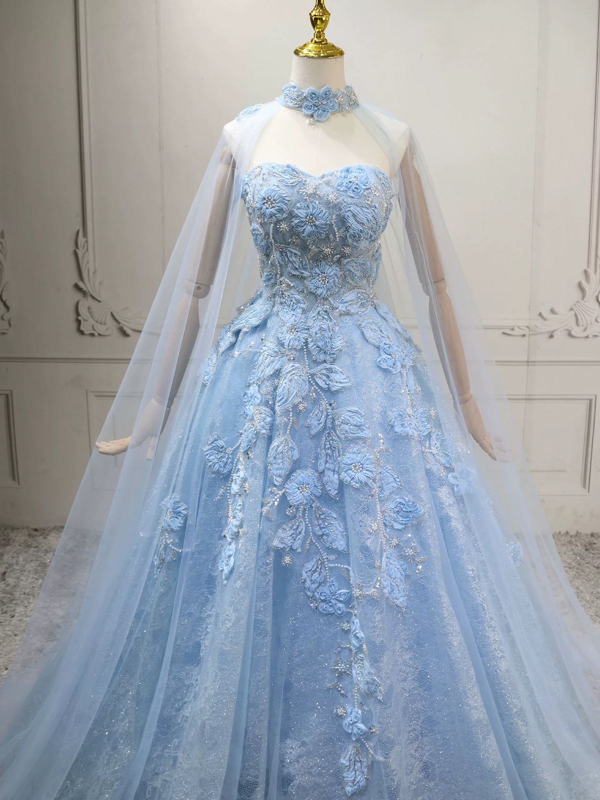 A-Line Tulle Lace Blue Long Prom Dress, Blue Long Formal Dress