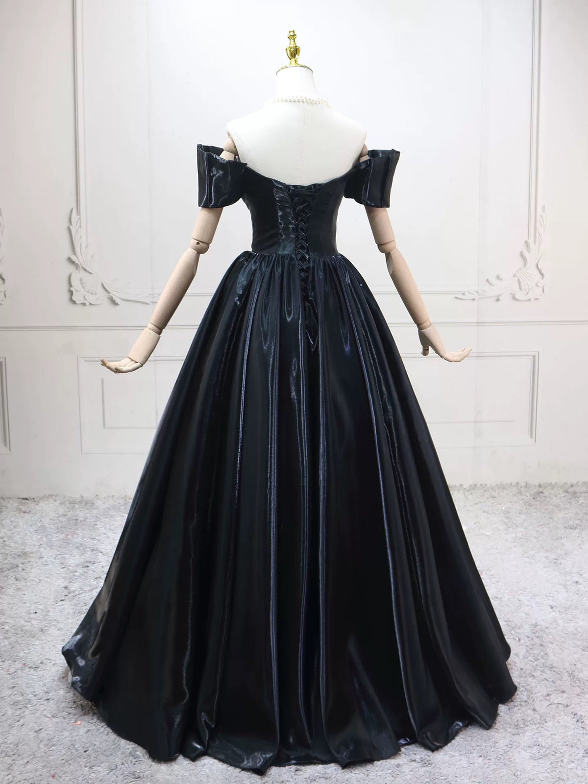 A-Line Off Shoulder Satin Black Long Prom Dress, Black Long Evening Dress
