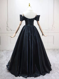 A-Line Off Shoulder Satin Black Long Prom Dress, Black Long Evening Dress