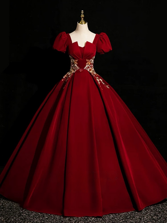 A-Line Short Sleeve Satin Lace Applique Burgundy Long Prom Dress