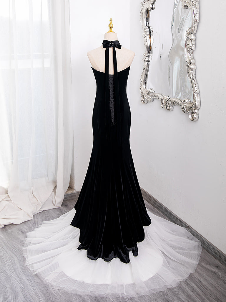 Mermaid Tulle Velvet Black Long Prom Dress, Mermaid Long Formal Dress