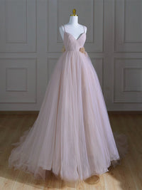 A-Line V Neck Tulle Pink Long Prom Dress, Pink Tulle Long Formal Dress