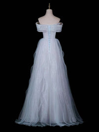 A-line Off Shoulder Tulle Sequin Light Blue Long Prom Dress with Beads