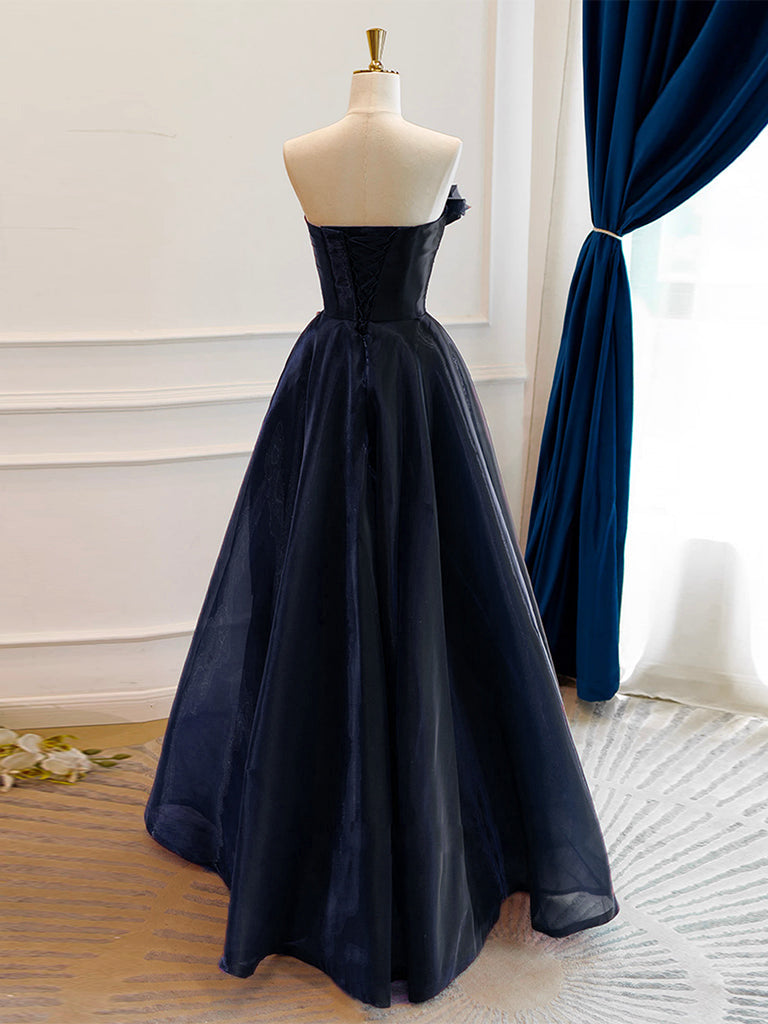 A-Line Off Shoulder Organza Dark Blue Long Prom Dress, Dark Blue Long
