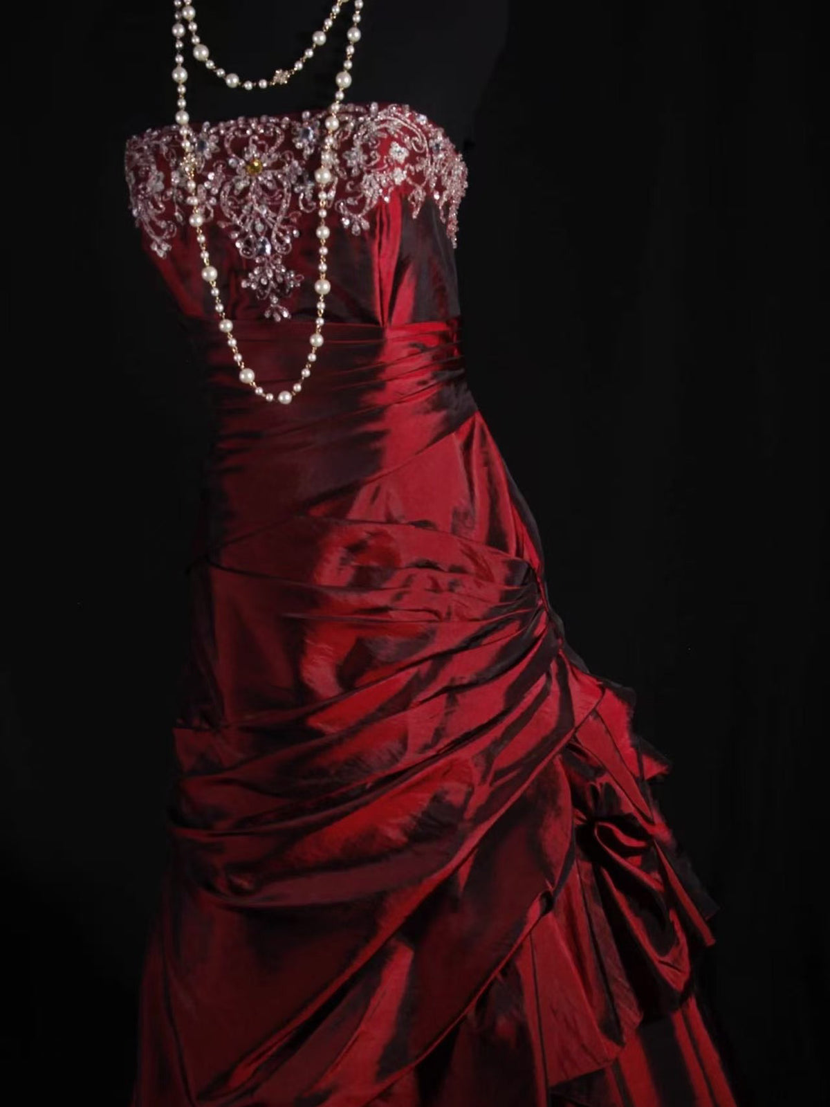 A-line Taffeta Lace Sequin Burgundy Long Prom Dress, Burgundy Long Formal Dress