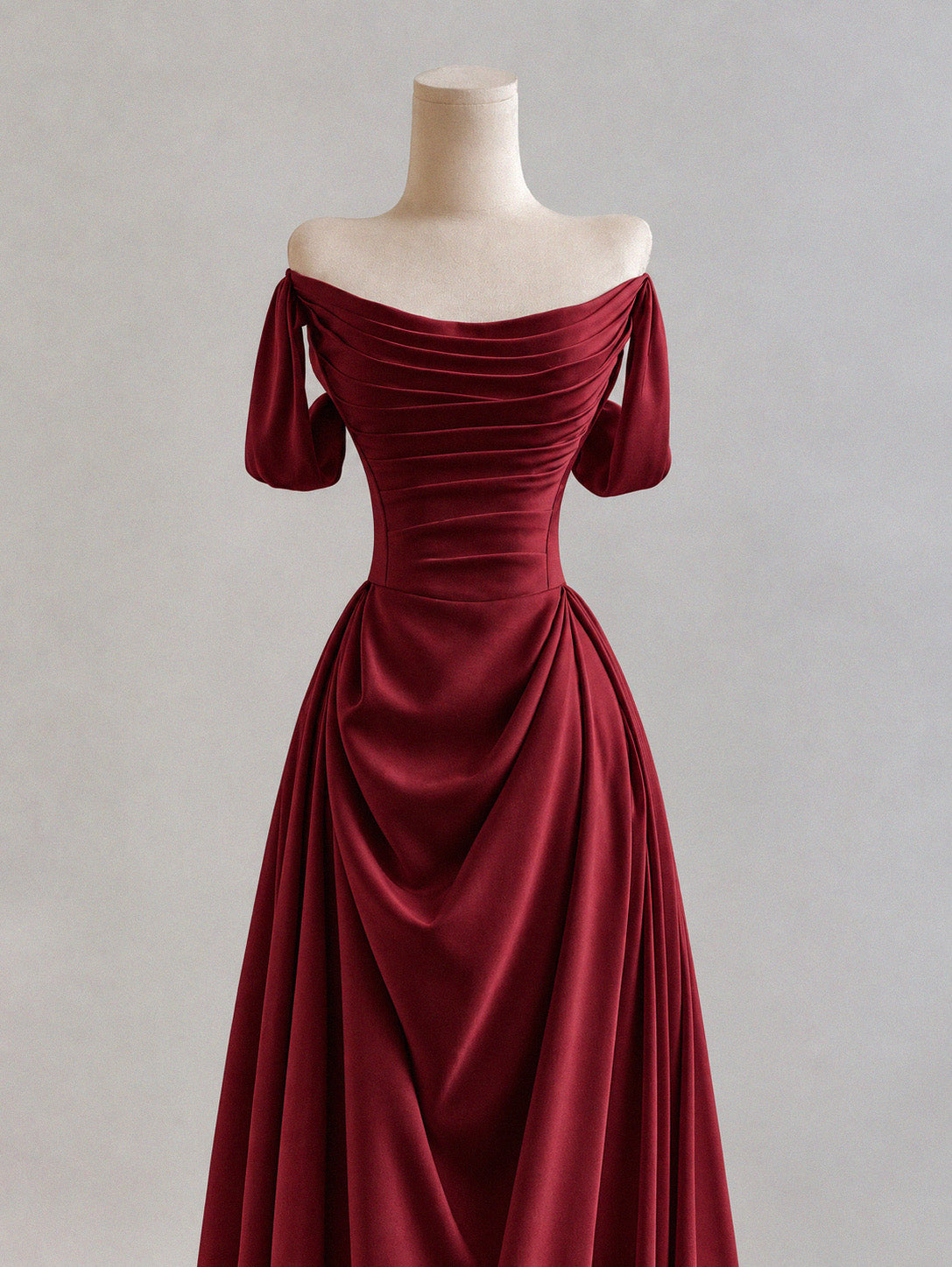 A-line Off Shoulder Satin Burgundy Long Prom Dress