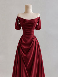 A-line Off Shoulder Satin Burgundy Long Prom Dress