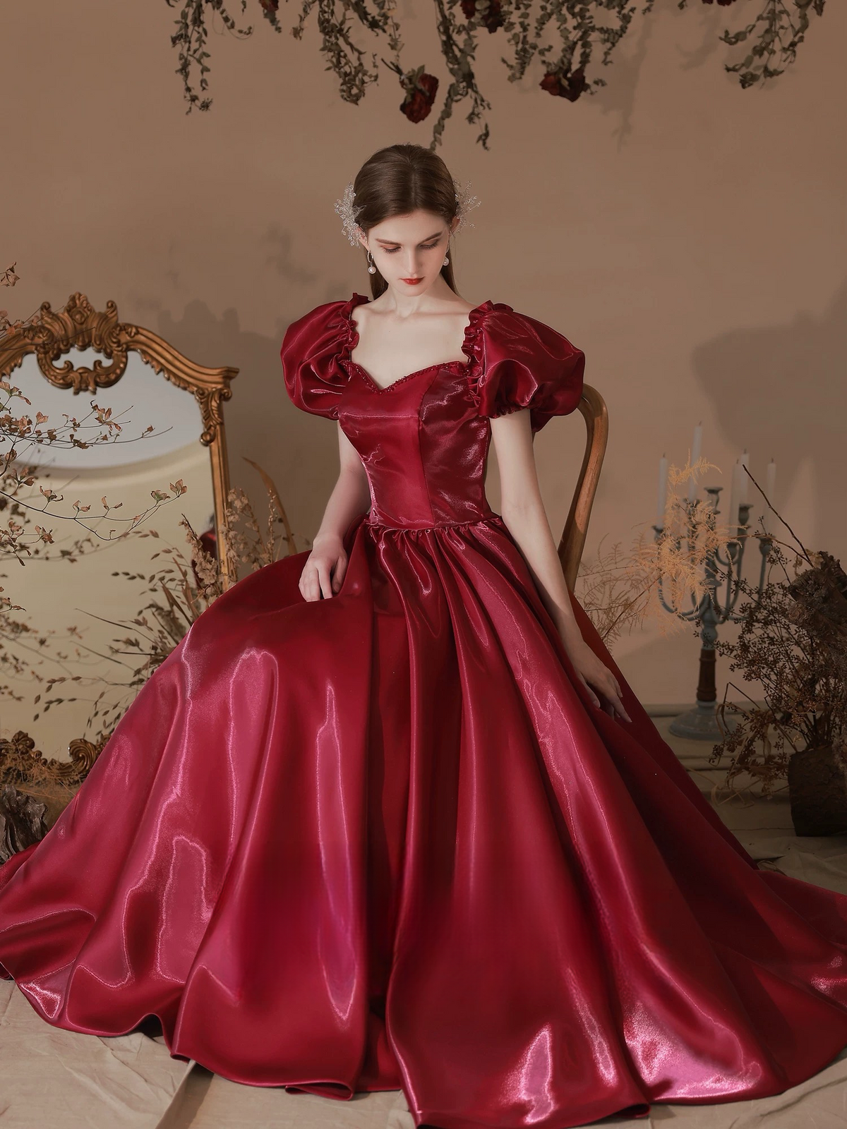 A-Line Puff Sleeves Satin Burgundy Long Prom Dress, Burgundy Graduation Dress