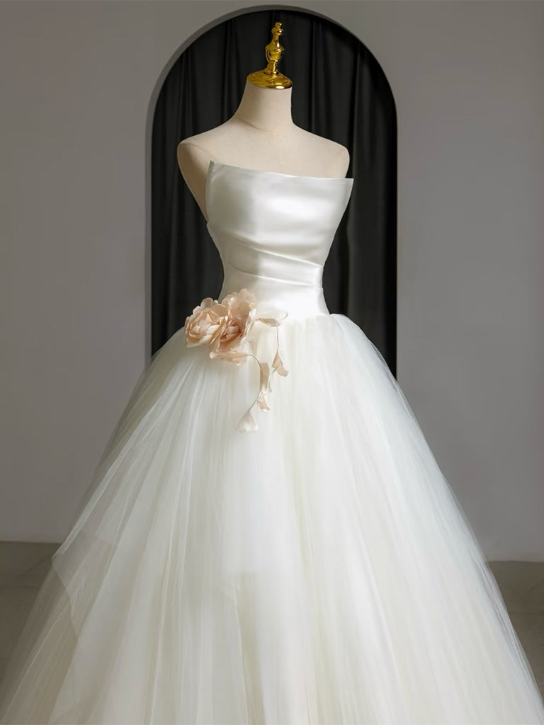 A-Line Tulle White Long Prom Dress, White Long Formal Dress