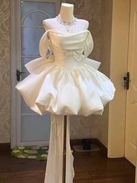 White Off Shoulder Satin Short Prom Dress, White Homecoming Dress with Beads
