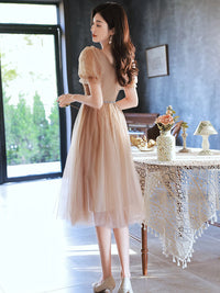 A-Line  Champagne Tulle Short Prom Dress, Champagne Homecoming Dress