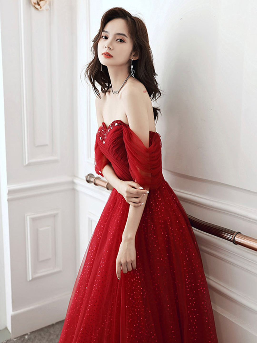 A-Line Off Shoulder Tulle Burgundy Long Prom Dress, Burgundy Long Even toptby A-Line Off Shoulder Tulle Burgundy Long Prom Dress, Burgundy Long Even toptby