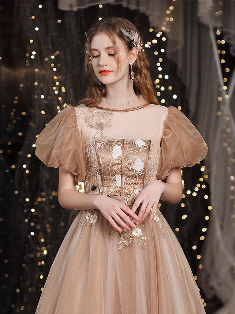 A-Line Tulle Lace Champagne Long Prom Dress, Champagne Long Evening Dress
