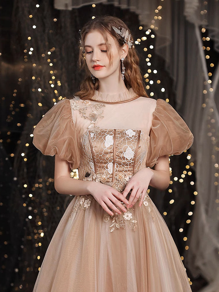 champagne tulle lace long prom dress Champagne Formal Tulle Lace Off Shoulder Long Prom Dress
