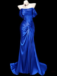 Mermaid Off Shoulder Sweep Train Satin Blue Prom Dress