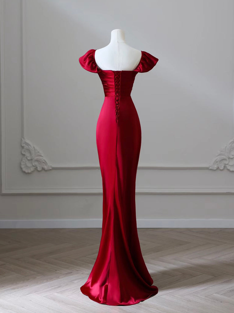 Sexy Mermaid Off The Shoulder Satin Burgundy Long Prom Dresses main image 1