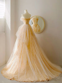 A-Line Tulle Lace Champagne Long Prom Dress, Champagne Long Formal Dress