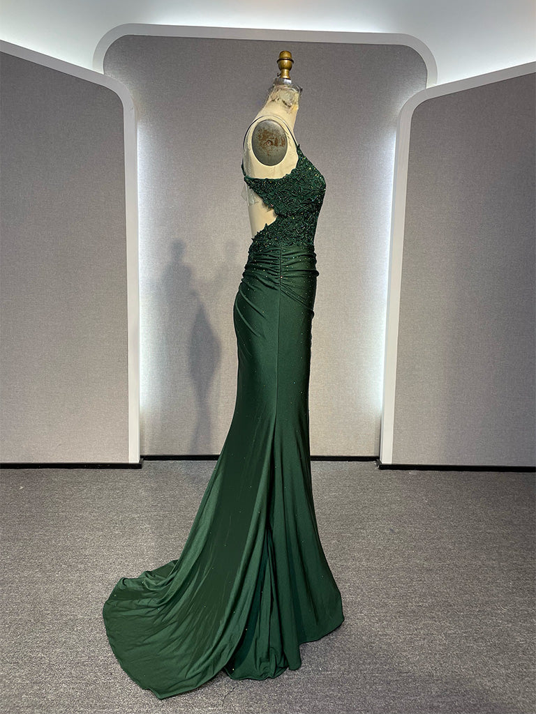 Simple Backless Mermaid Lace Green Long Prom Dress, Green Formal Dress