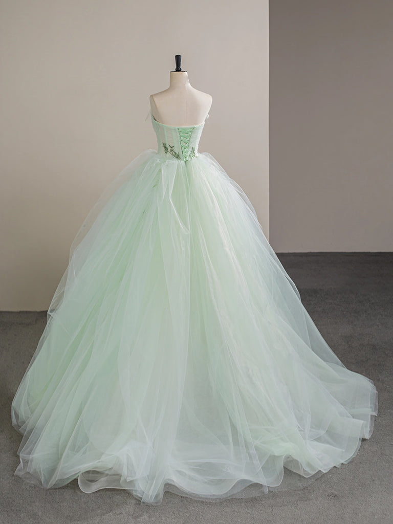 A-Line Tulle Lace Green Long Prom Dress, Tulle Green Long Formal Dress