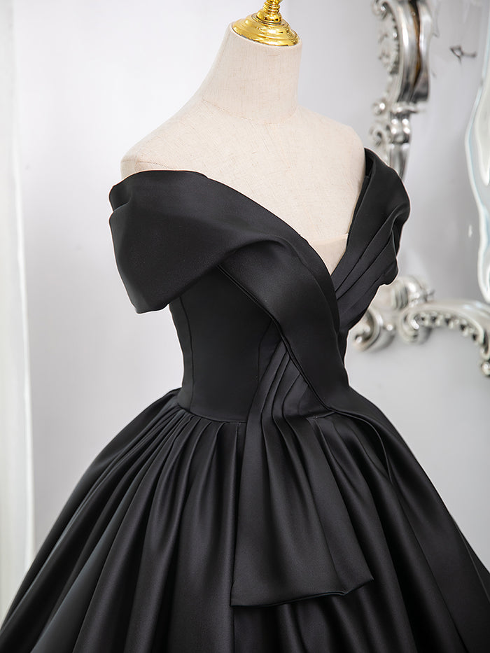 A-Line Off Shoulder Satin Black Long Prom Dress, Black Long Formal Dress