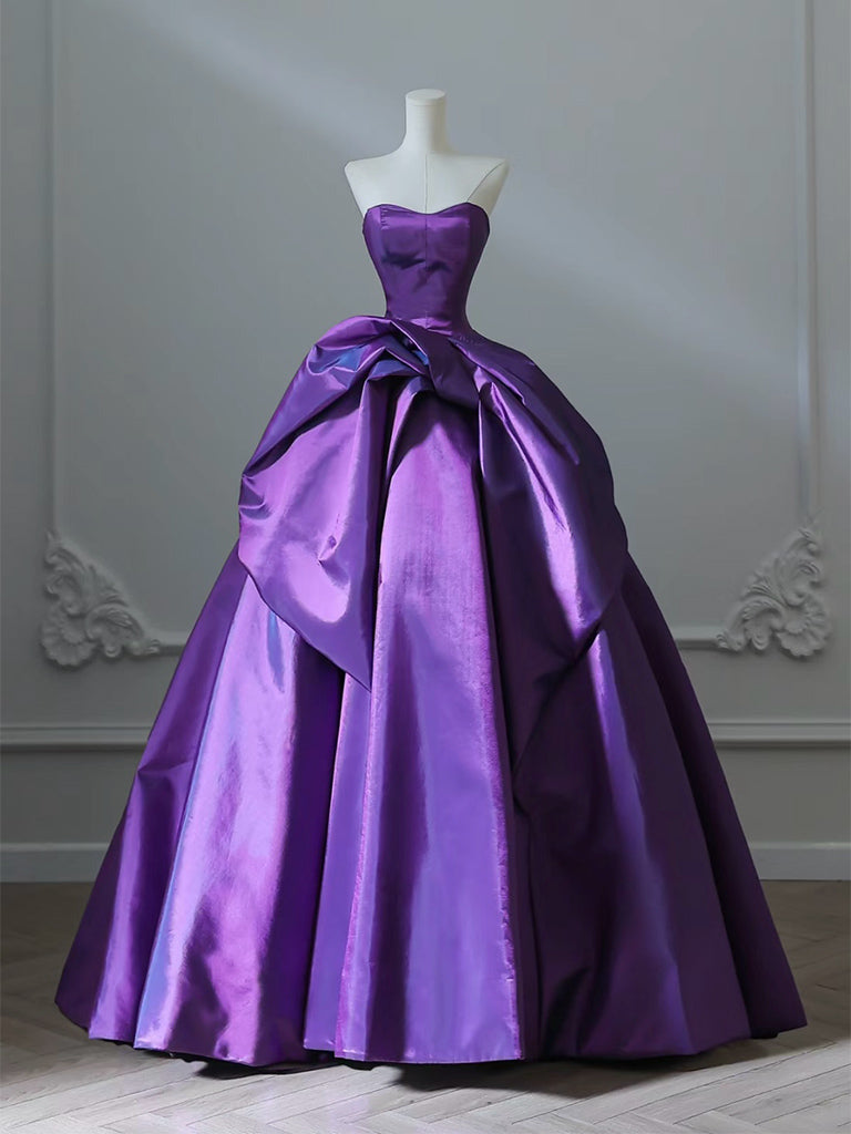 A-Line Sweetheart Neck Satin Purple Long Prom Dress, Purple Long Evening Gown