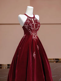 A-Line Velvet Beads Sequin Burgundy Long Prom Dress, Burgundy Long Formal Dress