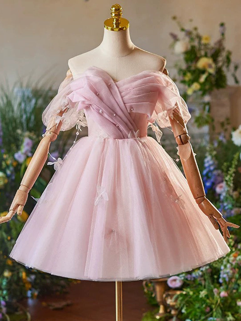 A-Line Sweetheart Neck Tulle Off Shoulder Pink Prom Dress, Pink Homecoming Dress