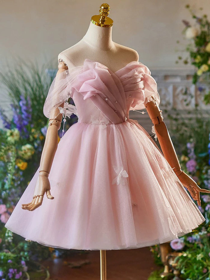 A-Line Sweetheart Neck Tulle Off Shoulder Pink Prom Dress, Pink Homecoming Dress