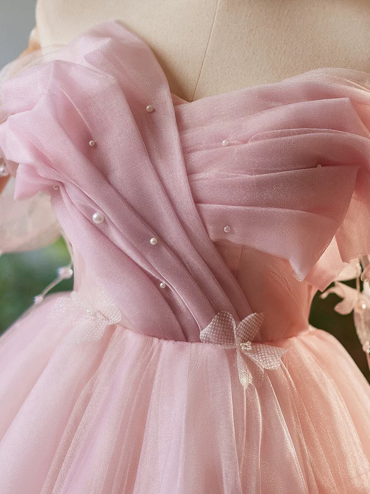 A-Line Sweetheart Neck Tulle Off Shoulder Pink Prom Dress, Pink Homeco – toptby A-Line Sweetheart Neck Tulle Off Shoulder Pink Prom Dress, Pink Homeco – toptby