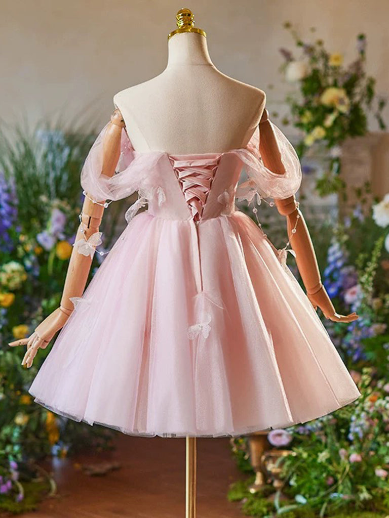 A-Line Sweetheart Neck Tulle Off Shoulder Pink Prom Dress, Pink Homecoming Dress A-Line Sweetheart Neck Tulle Off Shoulder Pink Prom Dress, Pink Homecoming Dress